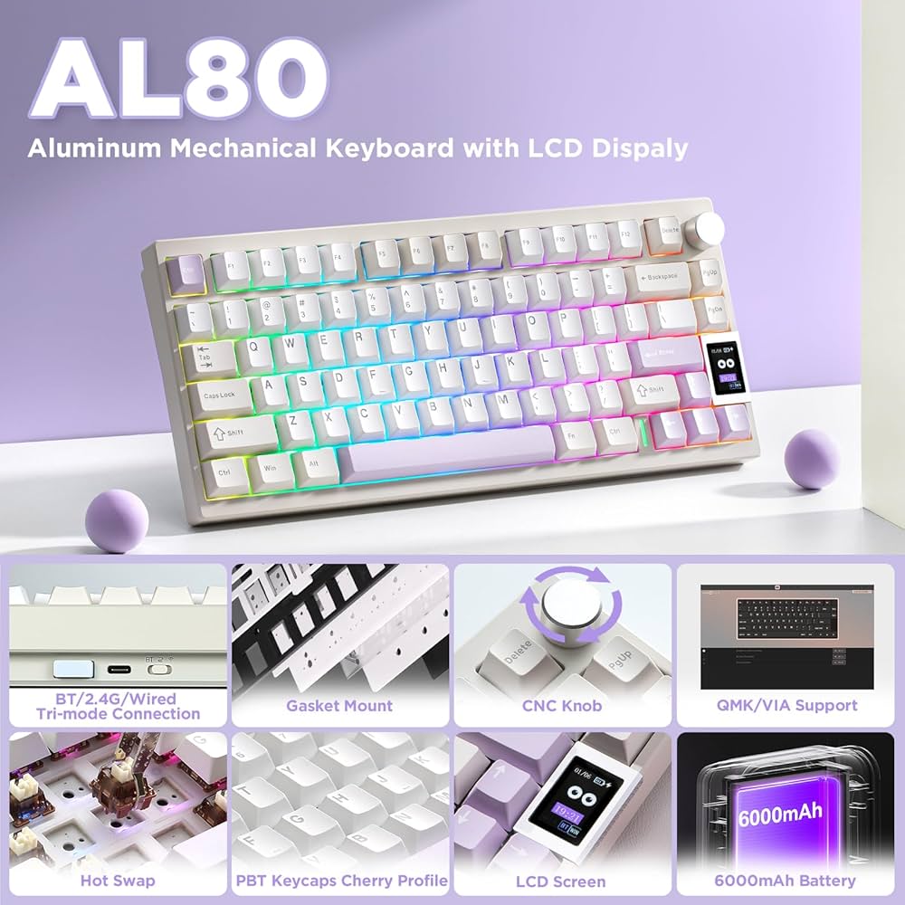 YUNZII AL80 Wireless Mechanical Keyboard, Full Aluminum CNC, Smart