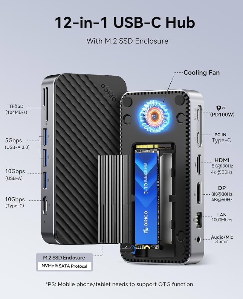 Amazon.com: ORICO 12-in-1 USB C Hub with M.2 SSD Enclosure 10Gbps