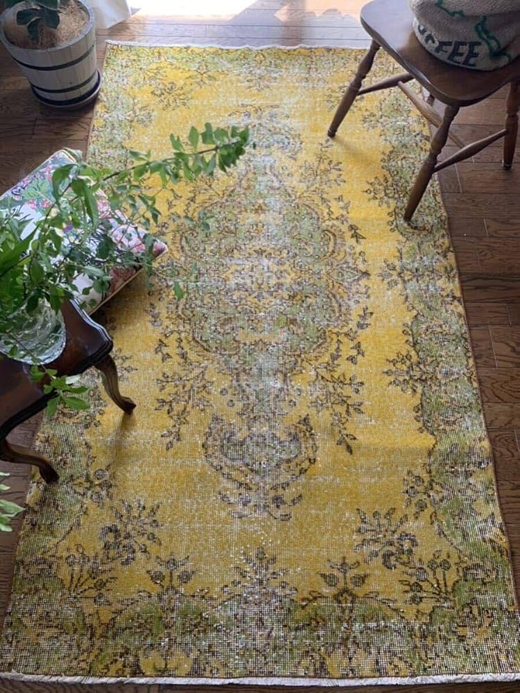 Amazon.co.jp: トルコヴィンテージラグ マスタードイエロー オーバー