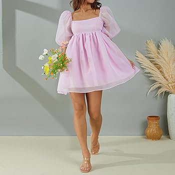 Women's Puff Sleeve Tulle Princess Dress Solid Color Square Neck