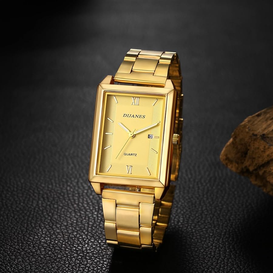 Amazon | スクエア 腕時計 メンズ カレンダー ゴールド: ローマ字