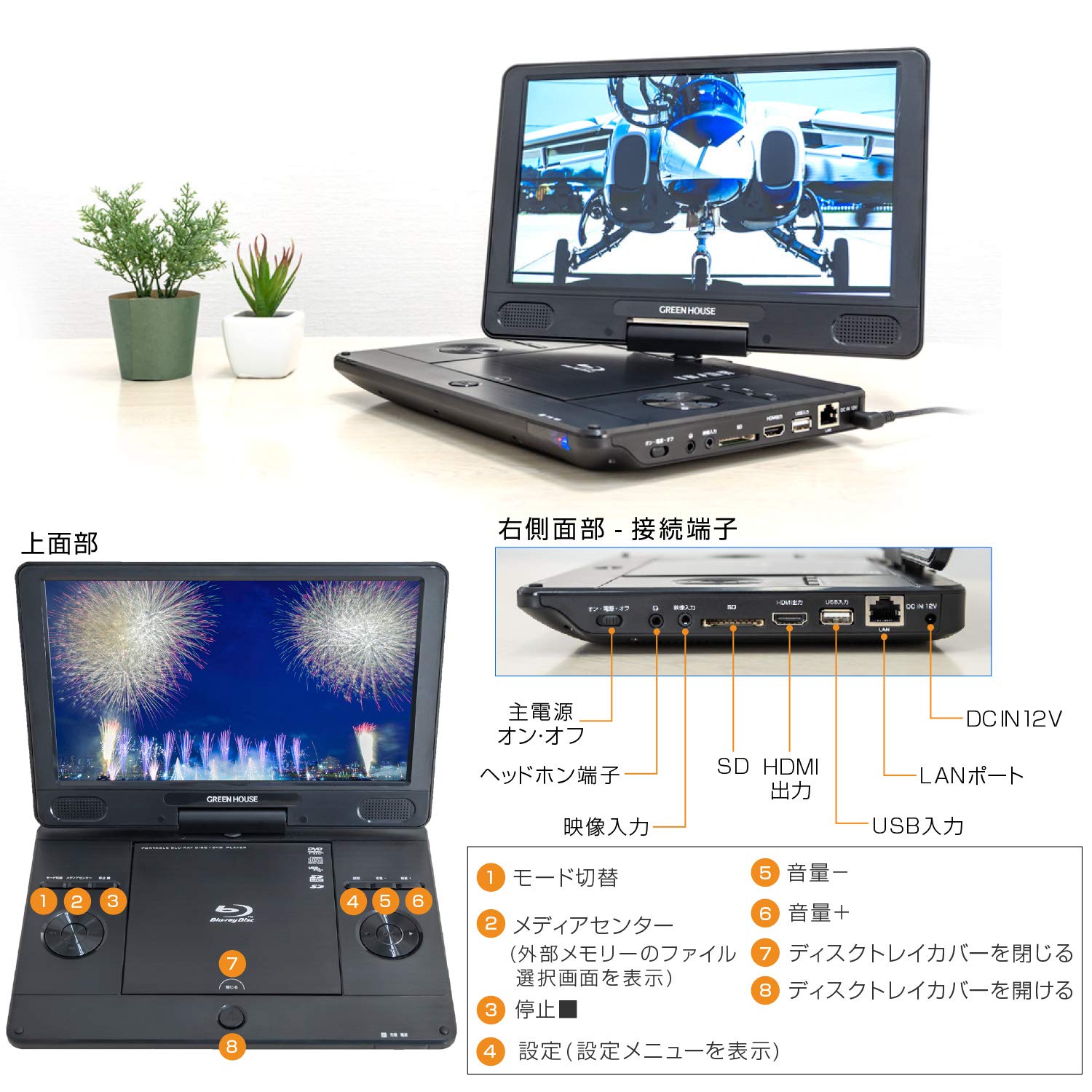 Amazon | グリーンハウス 11.4型ワイド ポータブルブルーレイ