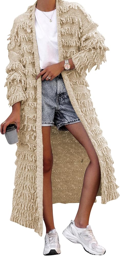 Amazon.com: Long Sleeve Fringe Cardigan for Women Cable Knit Open