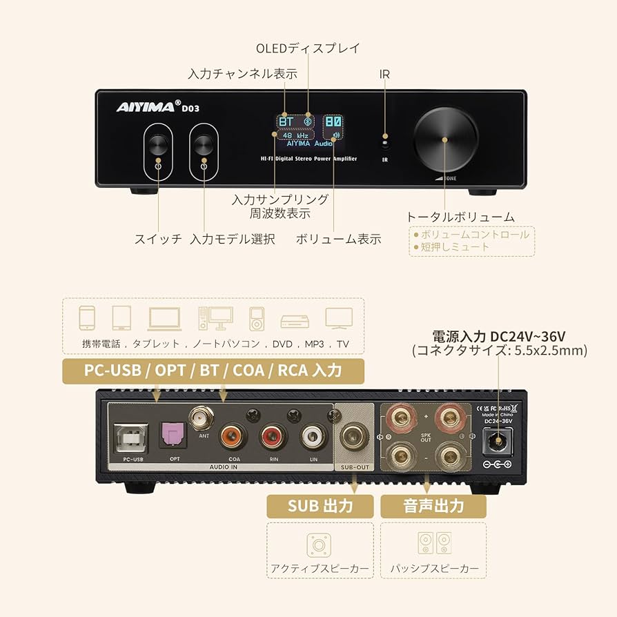 Amazon | AIYIMA D03 Bluetooth5.0 パワーアンプ 150W * 2 HIFI2.1