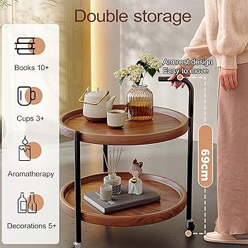 Amazon｜サイドテーブル、可移動ナイトテーブル ワゴン、棚付 収納 丸