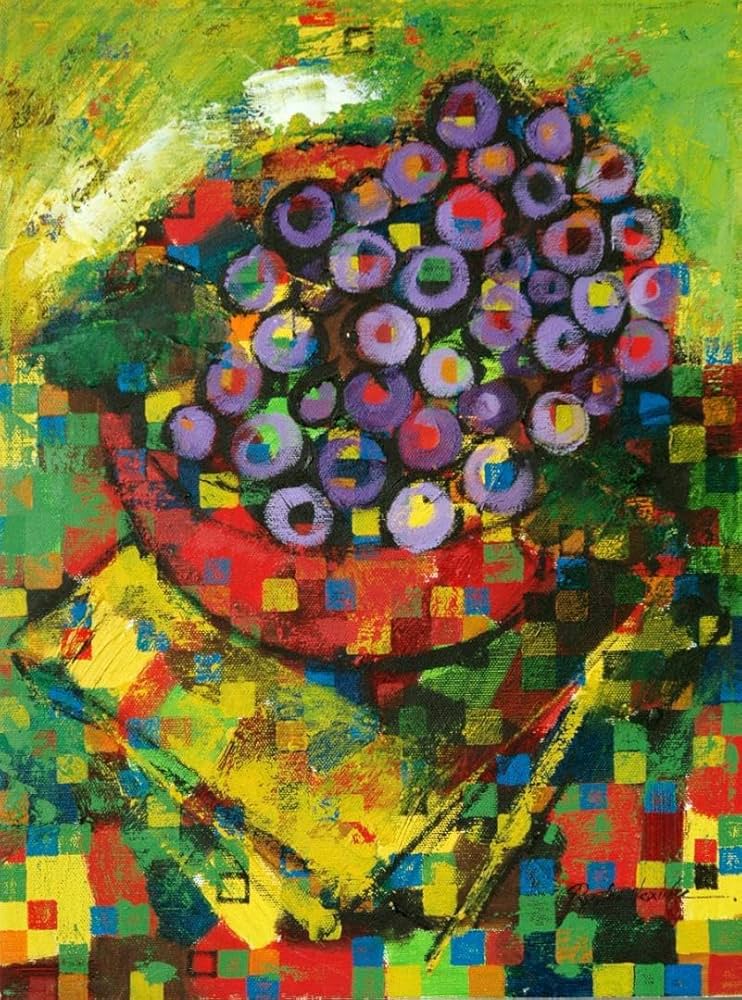 油絵 菅家令子 絵画インテリア額付( 青緑＋金色の枠 )uF6-061004果物