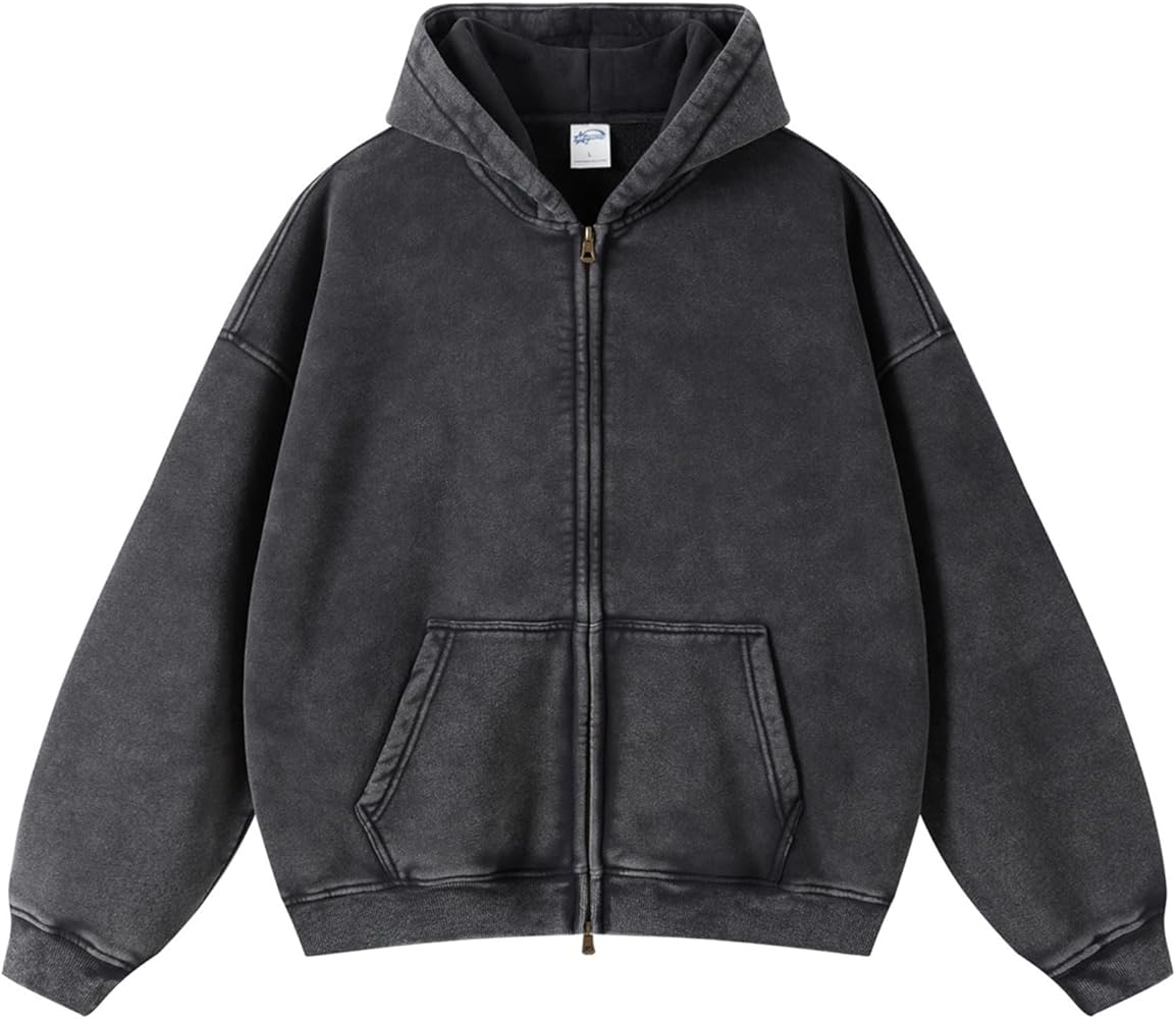 KEEPSHOWING Men's Vintage Acid Wash Zip Up Oversized Hoodi Cotton