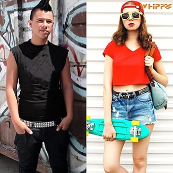 Punk Rivet Studded Belt Goth Row Pyramid Square Bead PU Leather