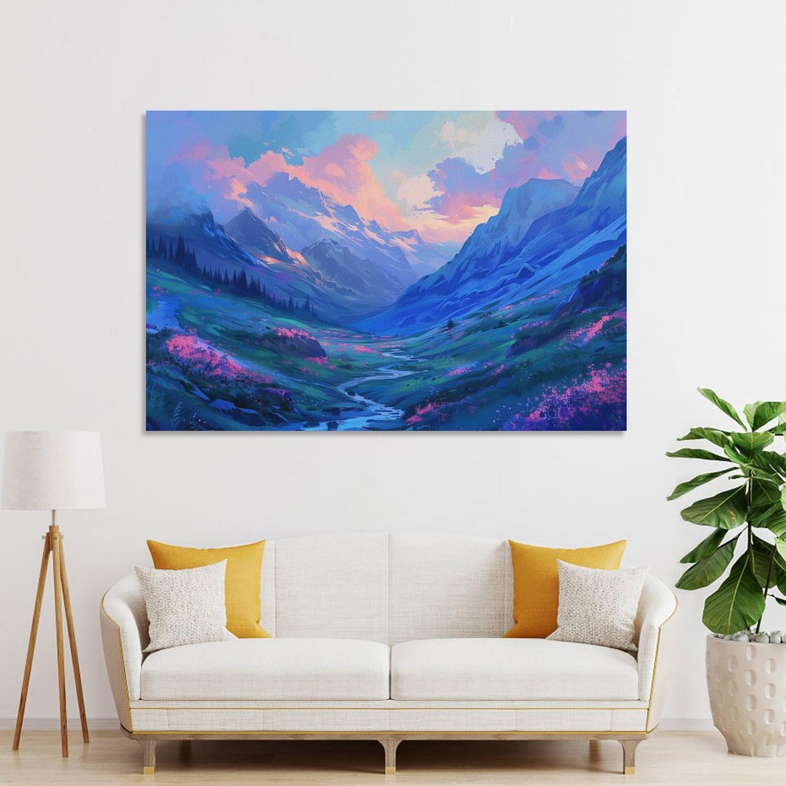 Amazon.co.jp: 絵画 青とピンクのグラデーションの山の風景インテリア