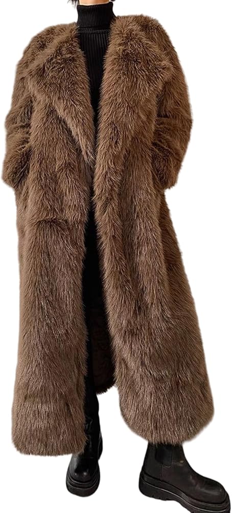 Vickstco Fluffy Coffee Faux Fur Overcoat Outwear Parka Long Coat
