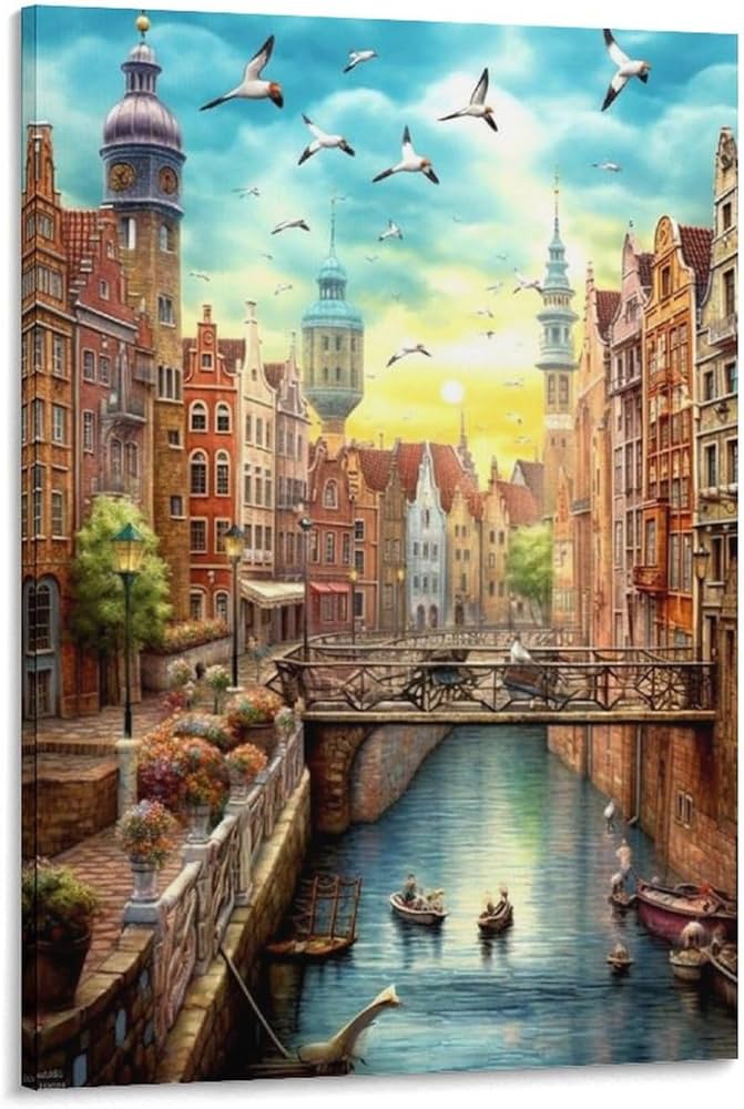 Amazon.co.jp: 絵画 中世ヨーロッパの街並みインテリア 絵画 イラスト