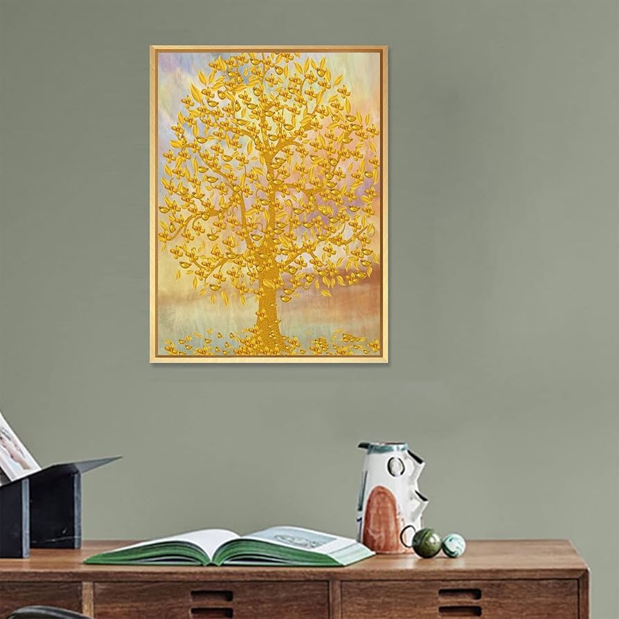Amazon.co.jp: LUHSICE幸運の木風水絵 黄金の木の油絵インテリア 絵画