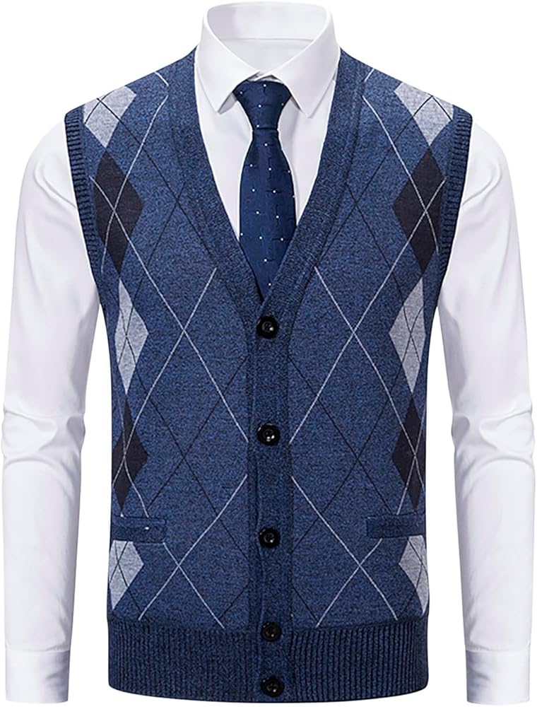 Mens Sweater Vest Classic Argyle Knitted Cardigan Sweater V Neck
