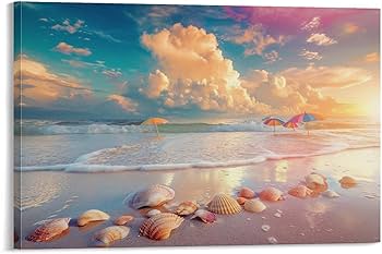 Amazon.co.jp: 絵画 海辺の砂浜にある貝殻の群れインテリア 絵画