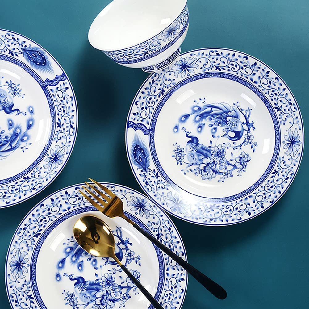 Amazon.co.jp: 伝統的な中国の食器セット、56 個の磁器青と白の磁器皿