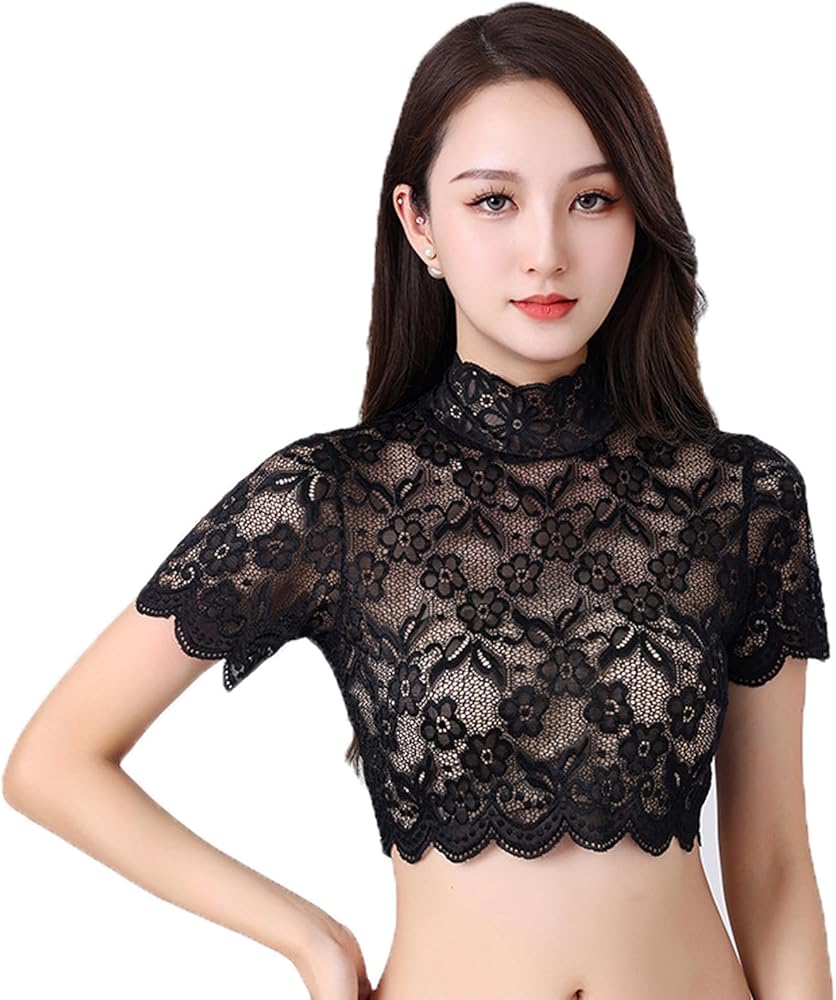 DNLKWGO Elegant High Necked Lace Shirt Lace Collar Tops Half Top