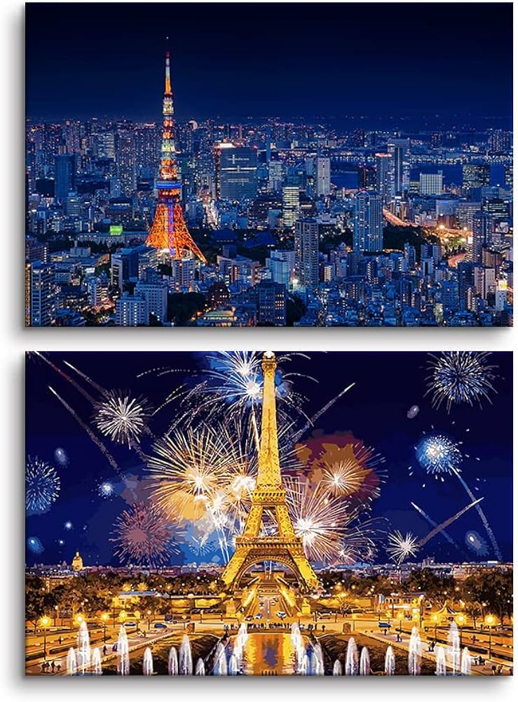 Amazon.co.jp: 夜景 アートパネル 2枚セット 飾り絵 東京タワー