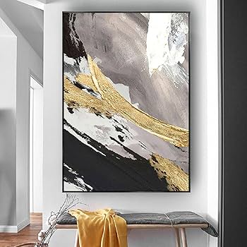Amazon.co.jp: 現代の黒と金と黒の額入りウォールアート 抽象油絵