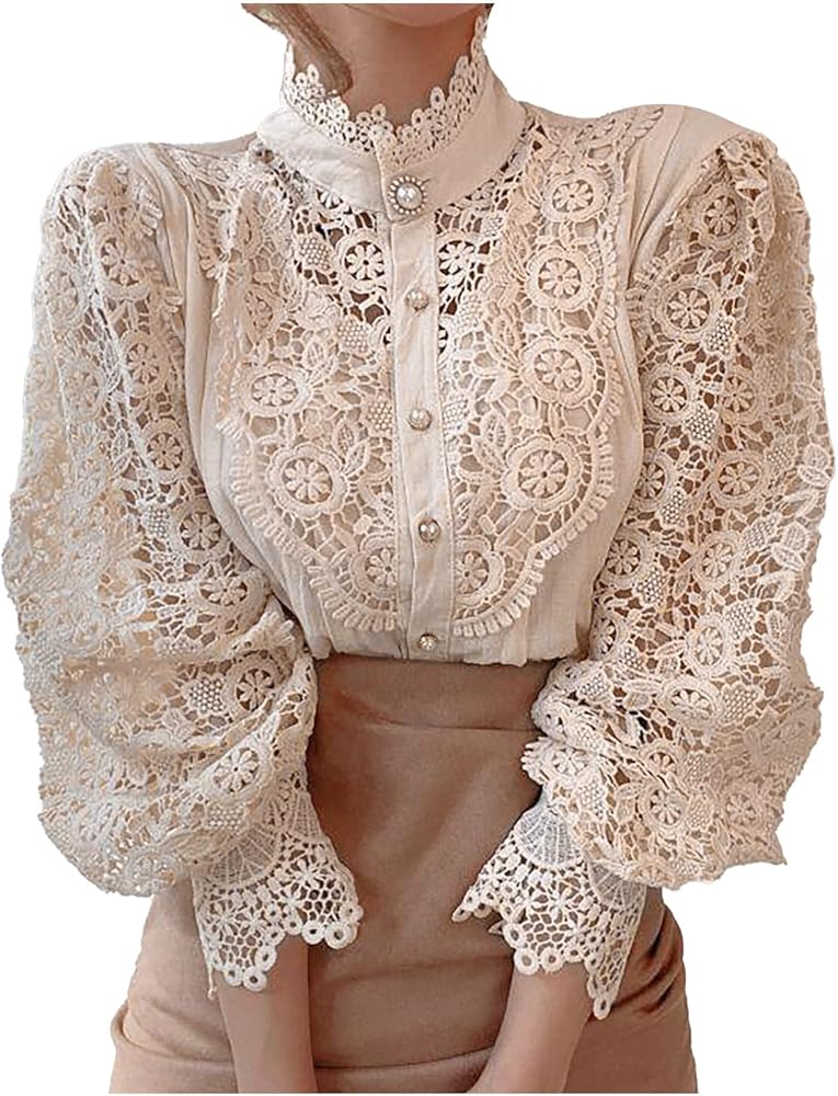Womens Victorian Tops Dressy Casual Button Blouses Lantern Sleeve