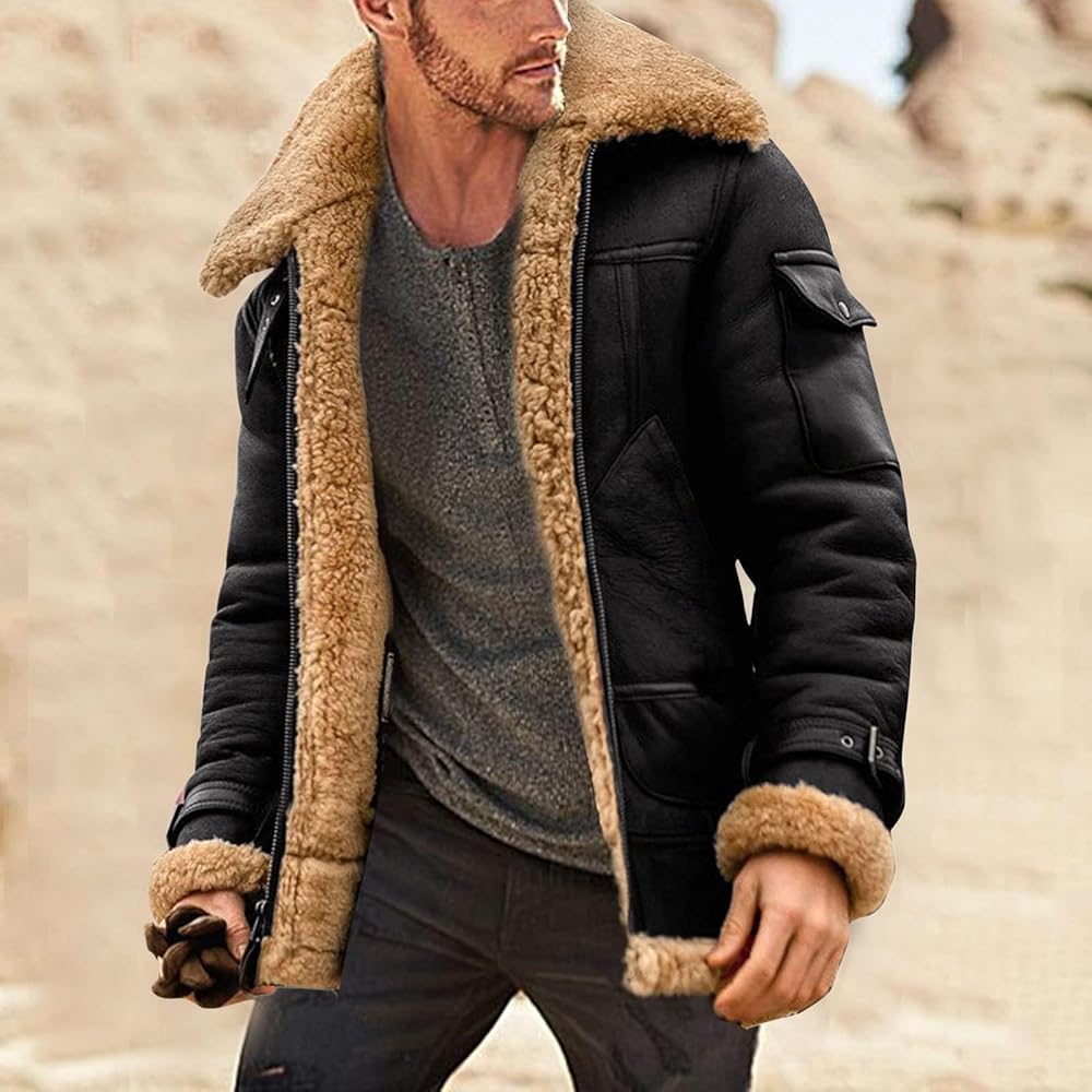RSZGSWS Faux Leather Jackets for Men Cozy Sherpa Fleece Lined