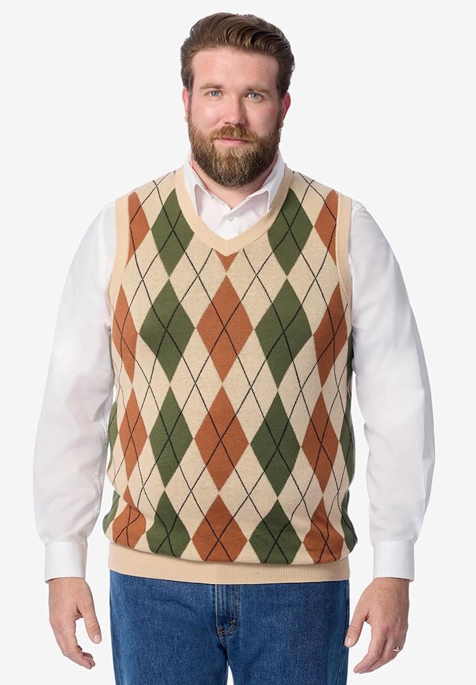 KingSize Men's Big & Tall V-Neck Argyle Sweater Vest - XL, Beige