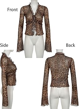QIISEVEN See Through Top Leopard Cardigan Sheer Mesh Bell Sleeve