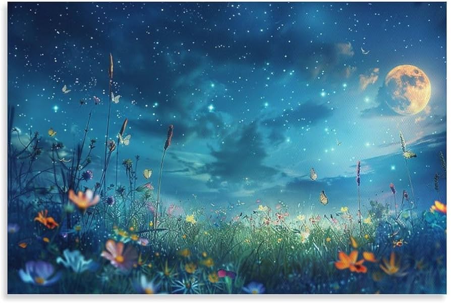Amazon.co.jp: 絵画 美しい星空と月と夜の花畑 アートパネル ポスター
