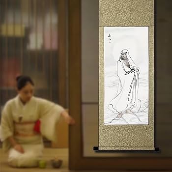 Amazon.co.jp: 肉筆 手描き 水墨画 掛け軸/達磨大師/仏画掛軸 四尺四