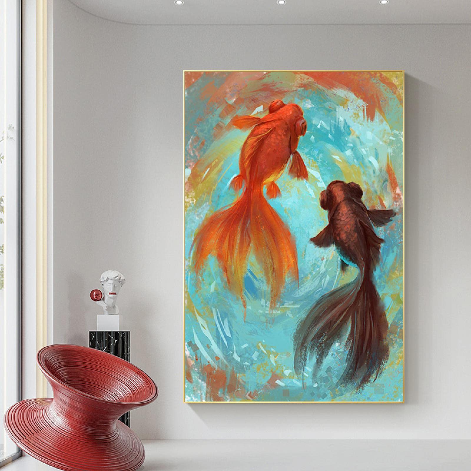 Amazon.co.jp: キャンバスに印刷中国風クラシック抽象金魚絵画