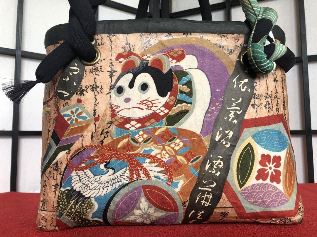 一閑張り 一閑張りバッグ 古文書 和紙 花絵柄 大正 着物 梅 京友禅 牡丹 菊
