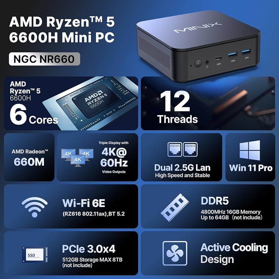 Amazon.com: MINIX NGC-NR660 Mini PC, AMD Ryzen 5 6600H, 16GB DDR5