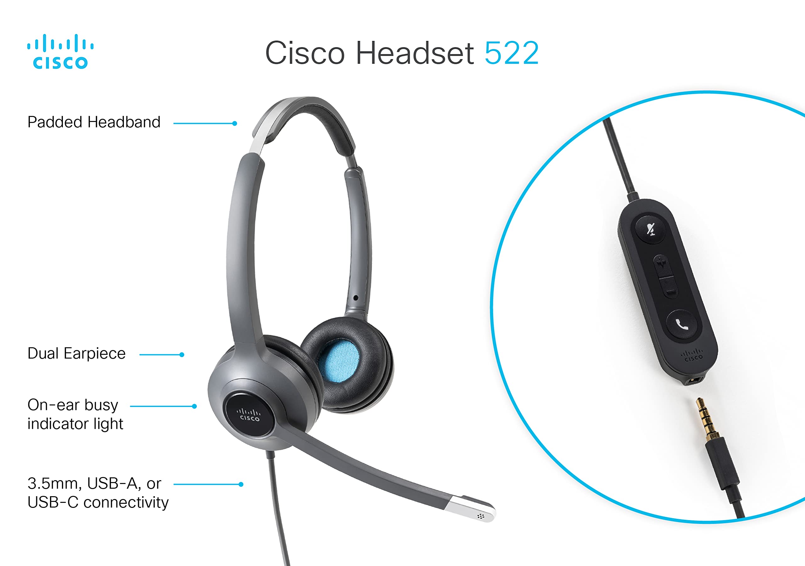 Amazon.com: Cisco Headset 522, Wired Dual On-Ear 3.5mm Headset