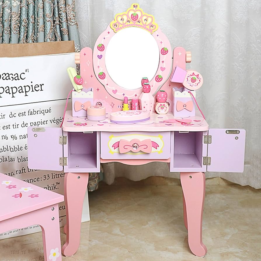 Amazon｜42cm 化粧台 回転ミラー付きピンク ドレッサー 子供 引き出し