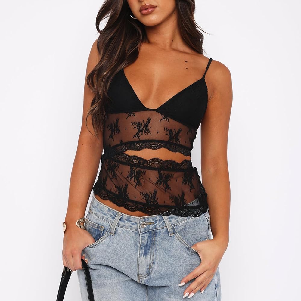 Women Y2K Lace Cami Tank Top Sheer Mesh Spaghetti Strap Sleeveless