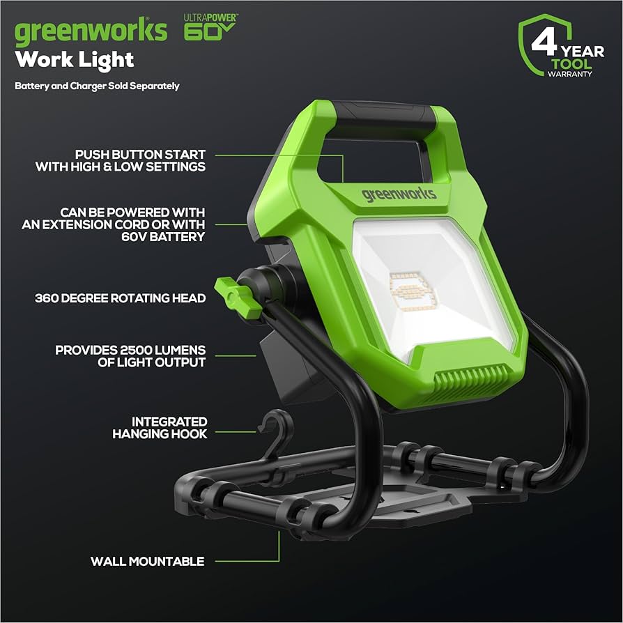 Greenworks Pro 60V (AC/DC) 2500-Lumen LED Work Light, 360° Head