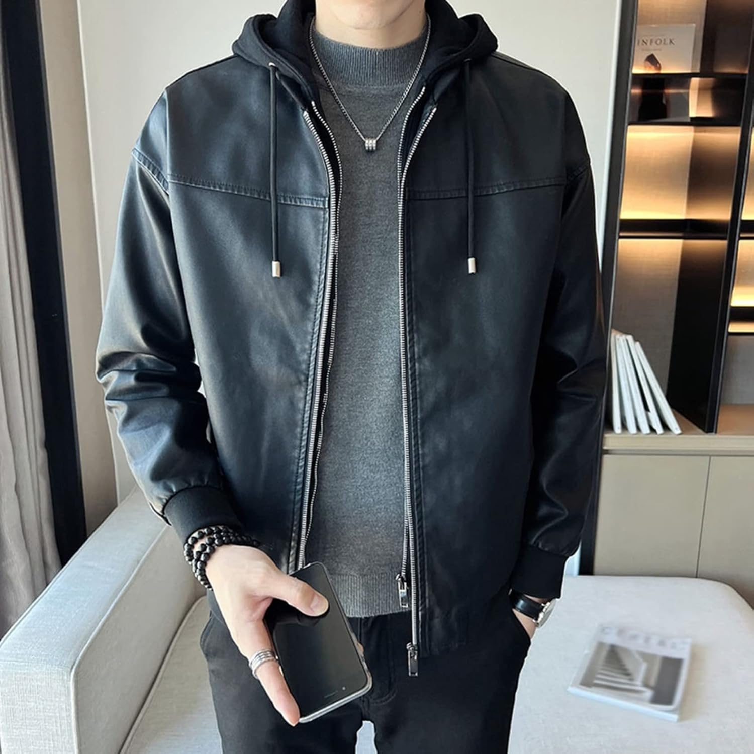 Amazon | [Hefiona] レザージャケット フード付き メンズ パーカー