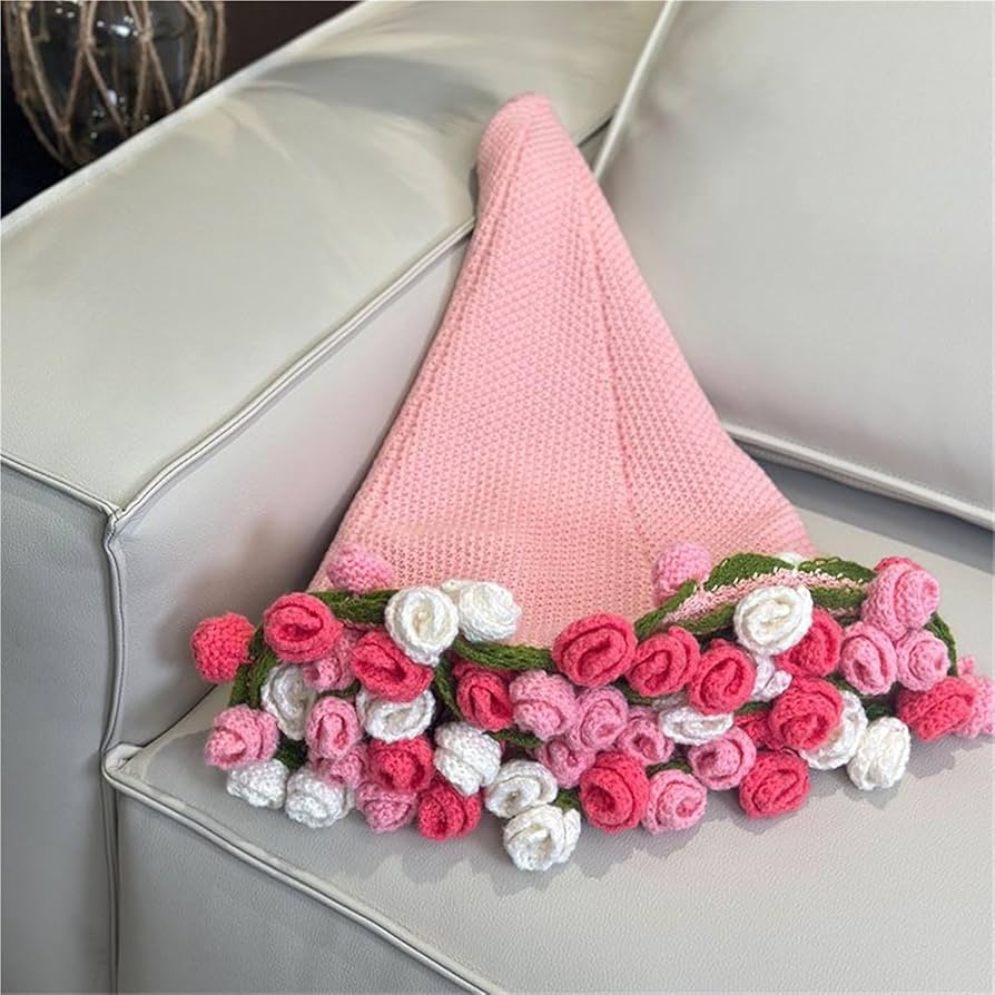 Amazon｜ピンクの花束ブランケット、手作りかぎ針編みの花ブランケット