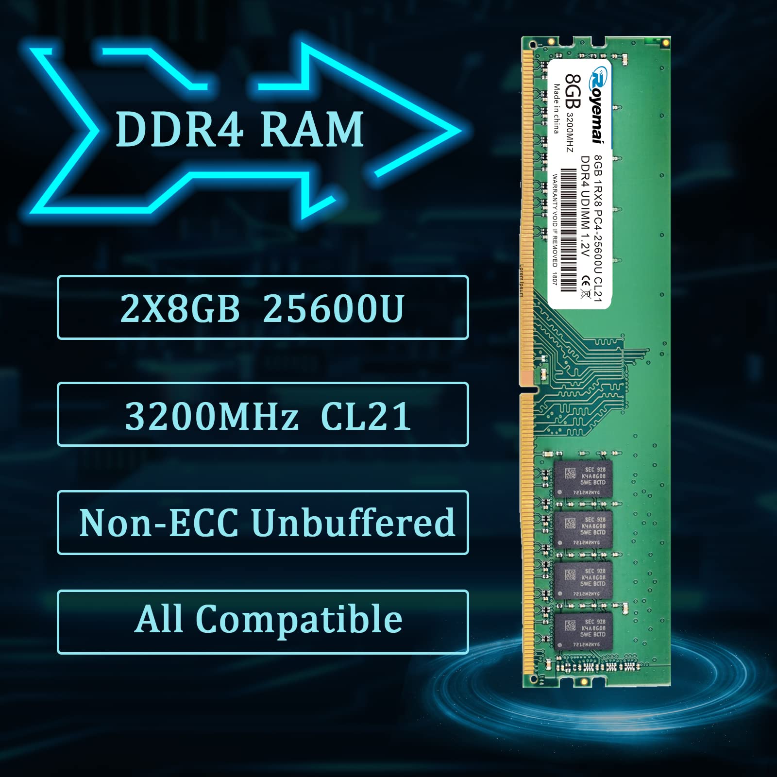 16GB PC4-25600 DDR4 3200 16GB (2x8GB) RAM PC4 25600U 3200MHZ 1Rx8