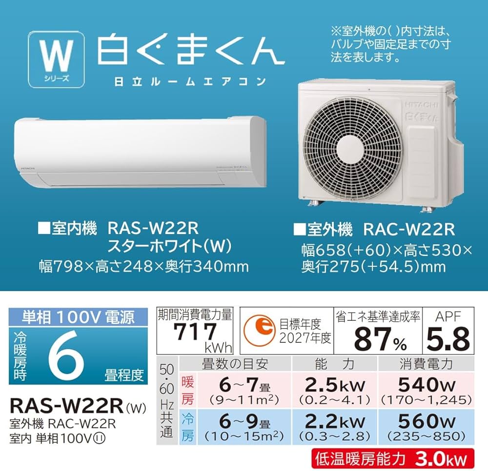 Amazon | 日立 清潔 エアコン 6畳 2.2kW RAS-W22R(W)/SET 白くまくん