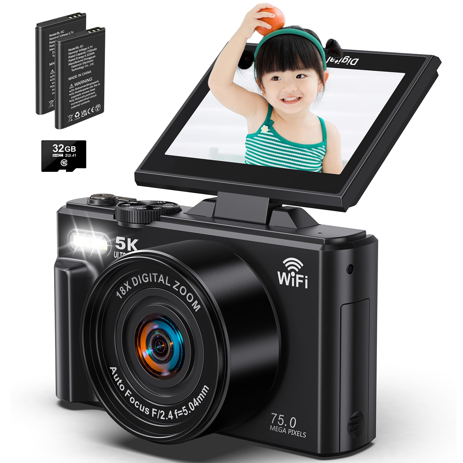 Amazon | デジタルカメラ 5K録画 デジカメ 7500万画素 Wi-Fi機能 180度