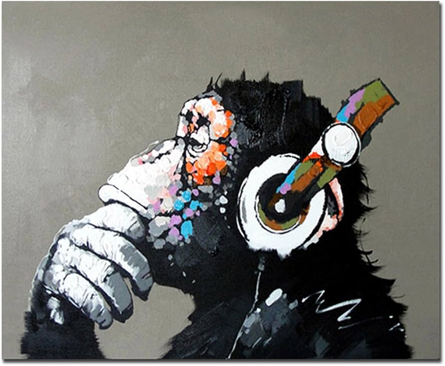 Amazon.co.jp: Fokenzary手書き 絵画 壁掛け油彩画音楽を聴く猿抽象画