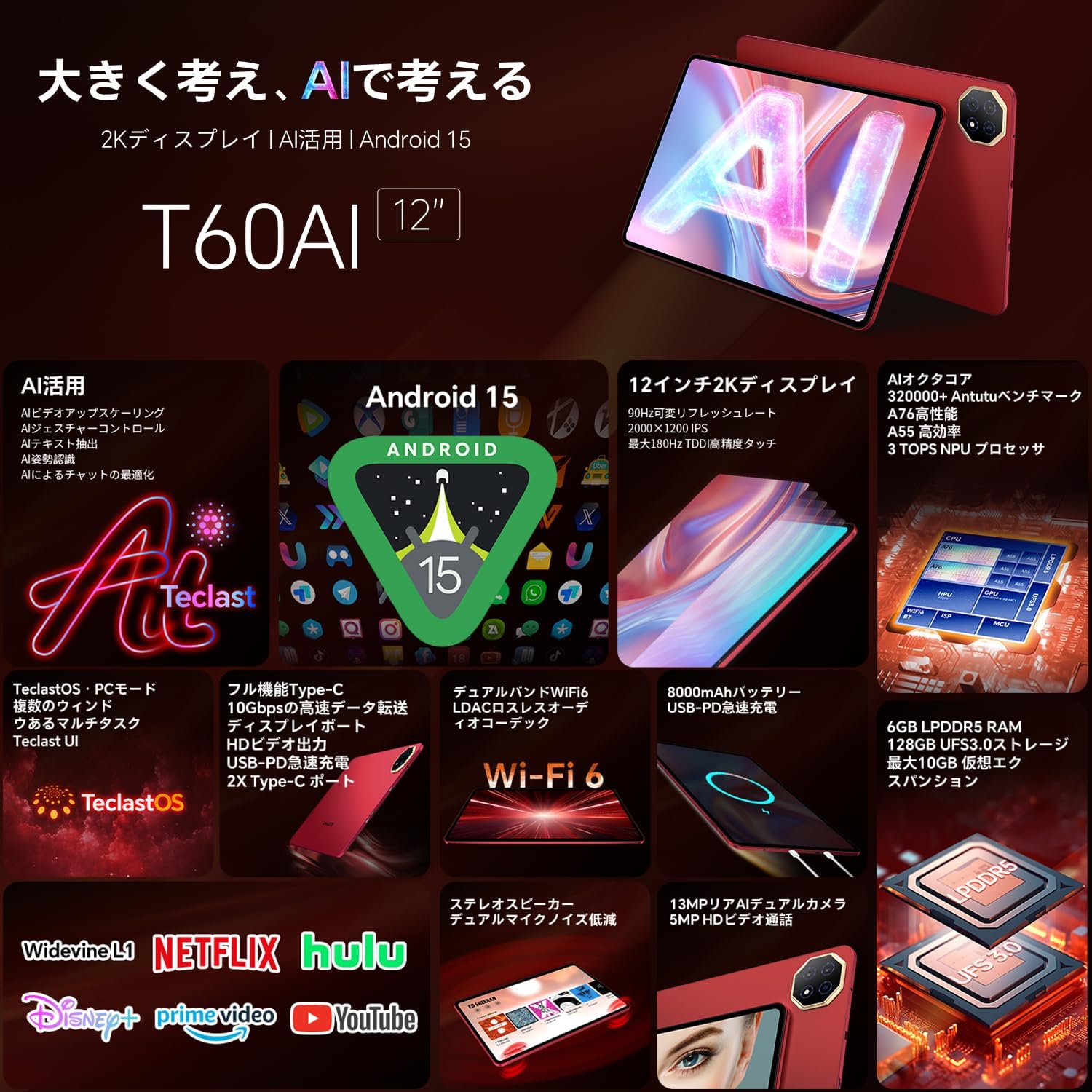 12インチ大型AIタブレット「TECLAST T60 AI」発売! AnTuTu 32万点で