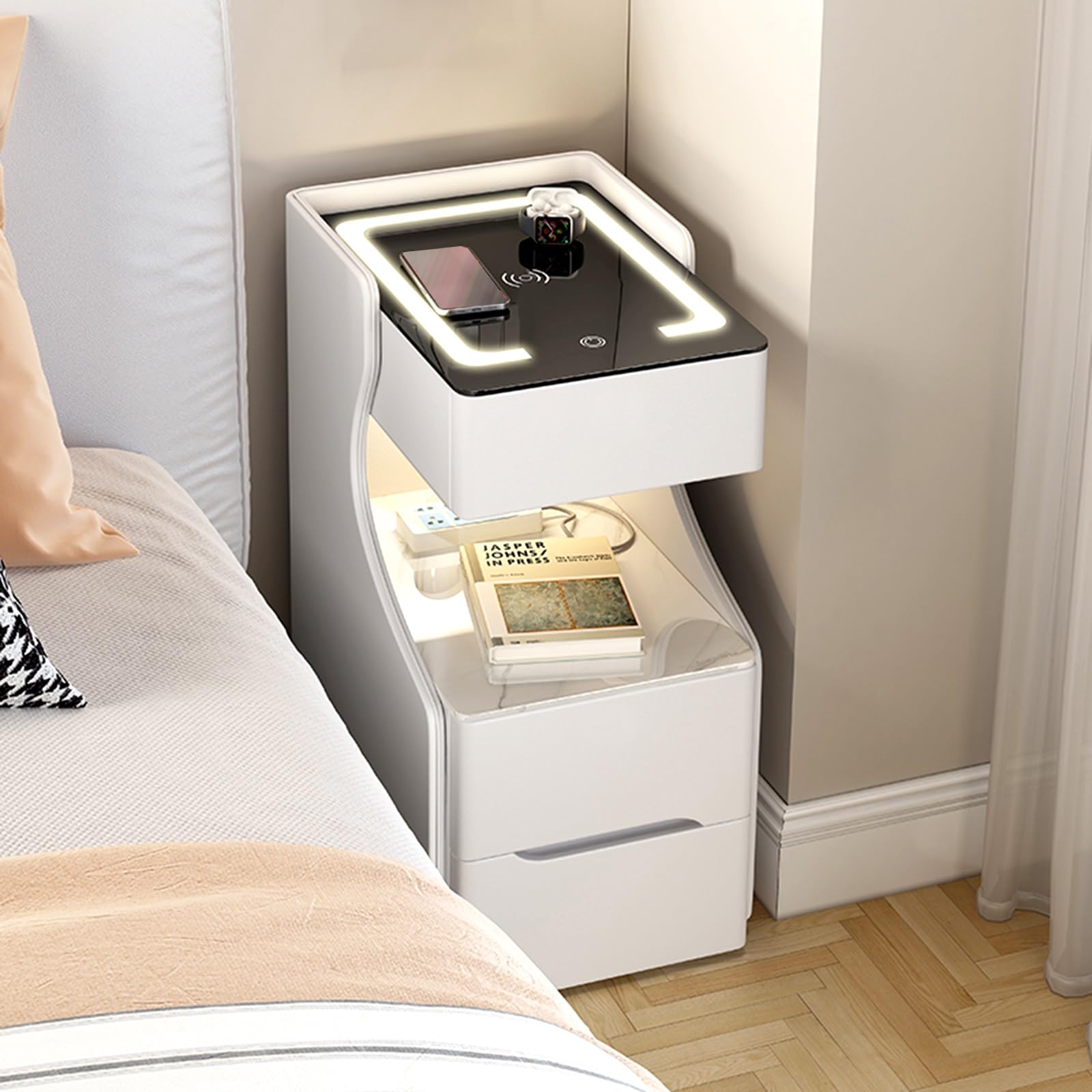 Amazon｜充電ステーションとLEDライトを備えたベッドサイドテーブル