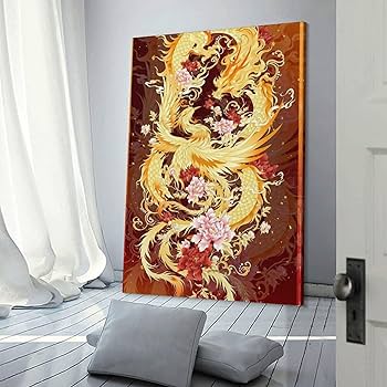 Amazon.co.jp: 絵画 龍と鳳凰が吉兆を演出インテリア 絵画 黄金の龍と