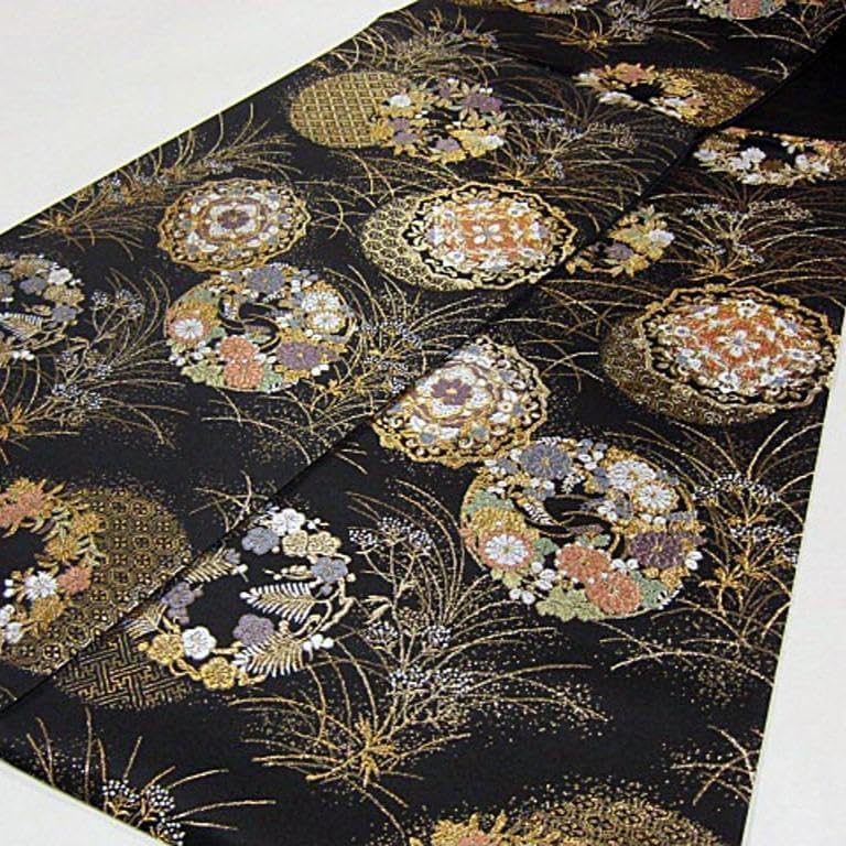 西陣織六通柄袋帯『綿芯御仕立付』黒地に華輪模様 西陣織