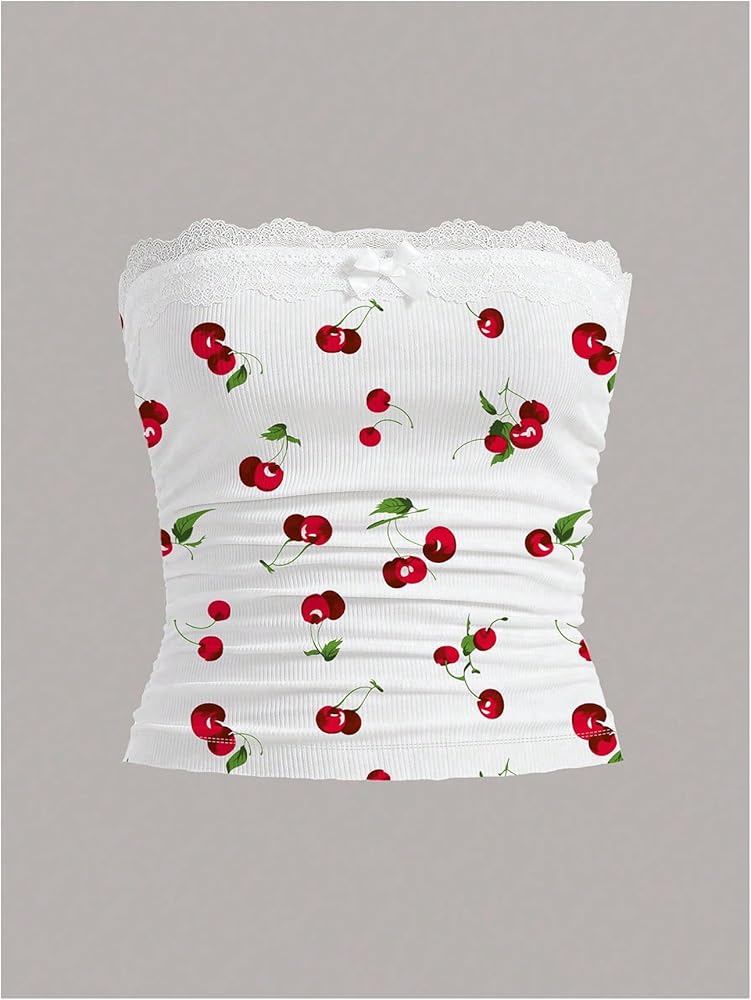 WDIRARA Women's Plus Size Cherry Print Tube Tops Lace Trim Ruched