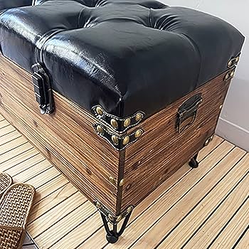 Amazon.co.jp: レザー張りの収納ベンチ、ヴィンテージ木製収納ベンチ