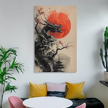 Amazon.co.jp: 絵画 ブラックドラゴンレッドサンアート水墨画