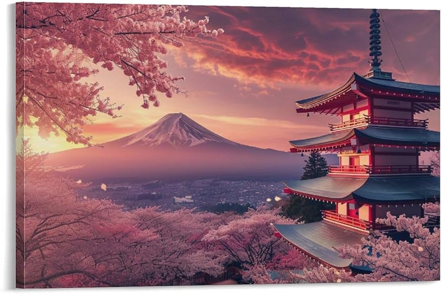 Amazon.co.jp: 絵画 夕暮れ時の富士山五重塔の桜インテリア 絵画