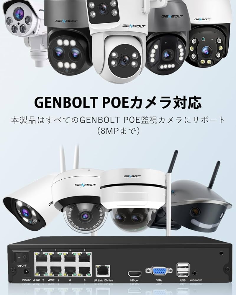 Amazon | GENBOLT 4K 防犯カメラ録画機 10チャンネル PoE有線 NVR 防犯